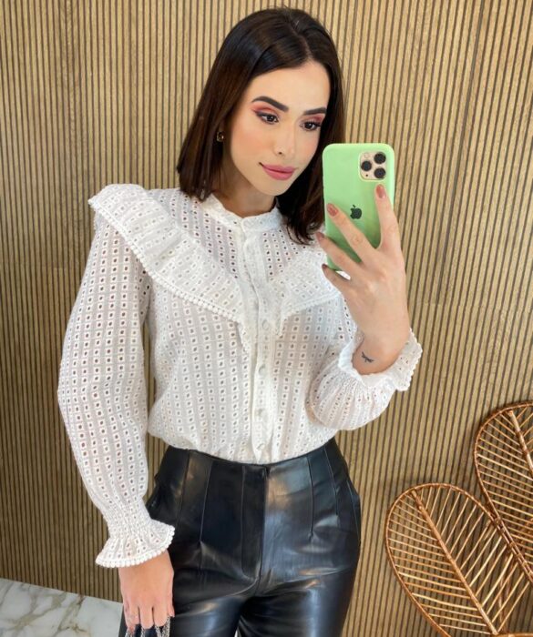 Camisa Feminina Manga Longa Laise com Detalhe Branca - Fernanda Ramos Store