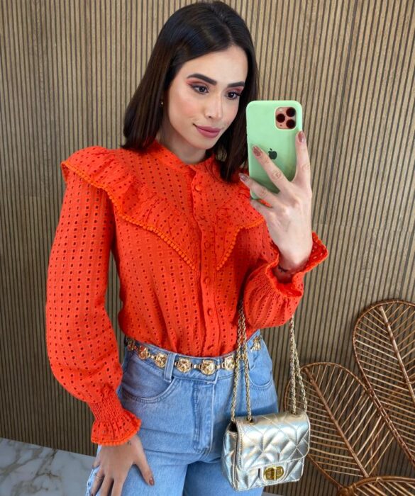 Camisa Feminina Manga Longa Laise com Detalhe Laranja - Fernanda Ramos Store