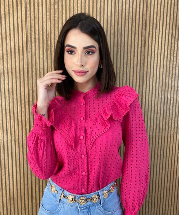 Camisa Feminina Manga Longa Laise com Detalhe Pink - Fernanda Ramos Store