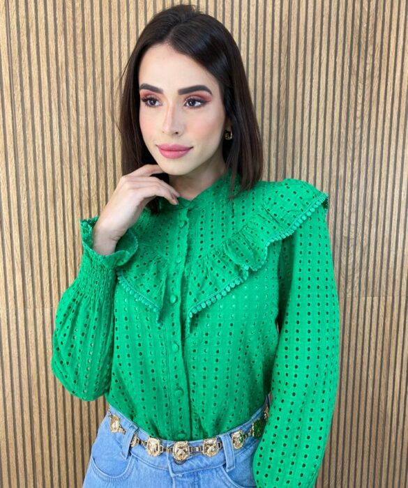 Camisa Feminina Manga Longa Laise com Detalhe Verde - Fernanda Ramos Store