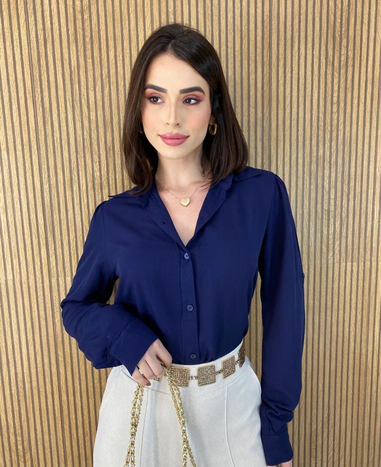Camisa Feminina Manga Longa Viscolinho Jade Azul Petróleo - Fernanda Ramos Store