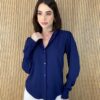 Camisa Feminina Manga Longa Viscolinho Jade Azul Petróleo - Fernanda Ramos Store