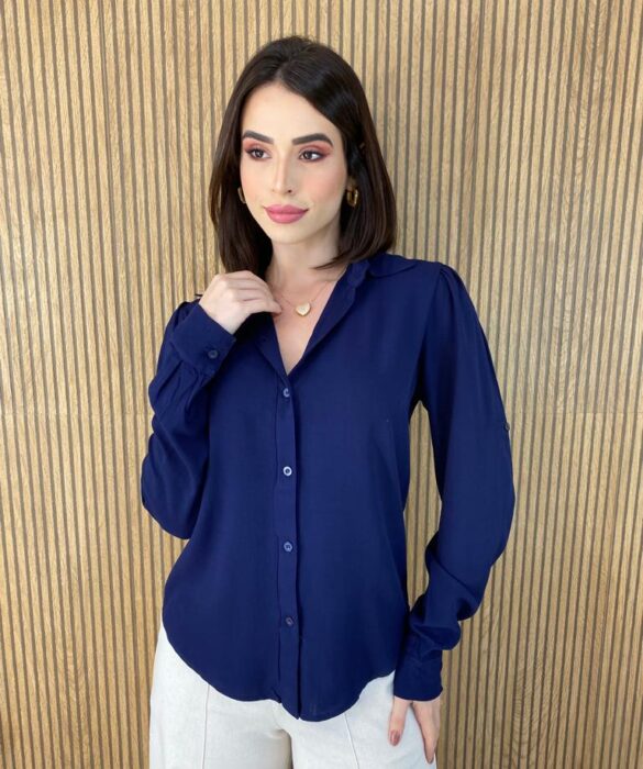 Camisa Feminina Manga Longa Viscolinho Jade Azul Petróleo - Fernanda Ramos Store