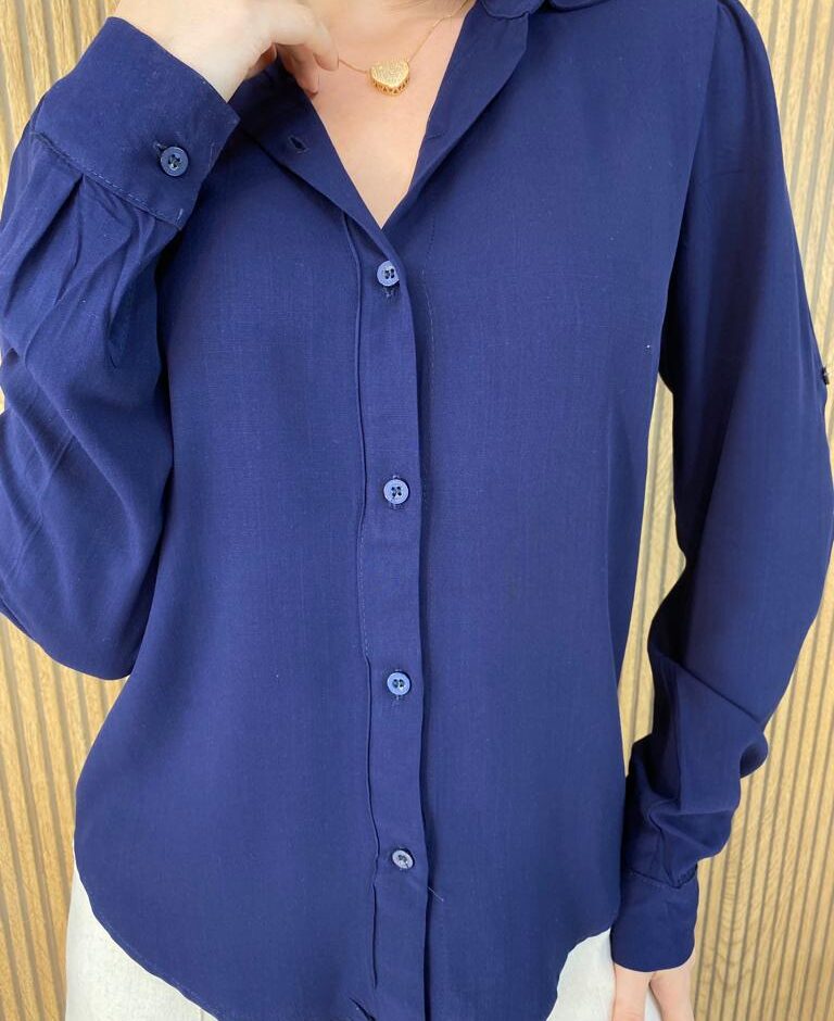 Camisa Feminina Manga Longa Viscolinho Jade Azul Petróleo - Fernanda Ramos Store