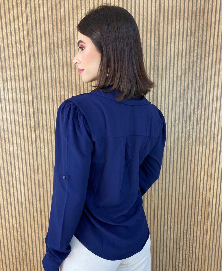 Camisa Feminina Manga Longa Viscolinho Jade Azul Petróleo - Fernanda Ramos Store