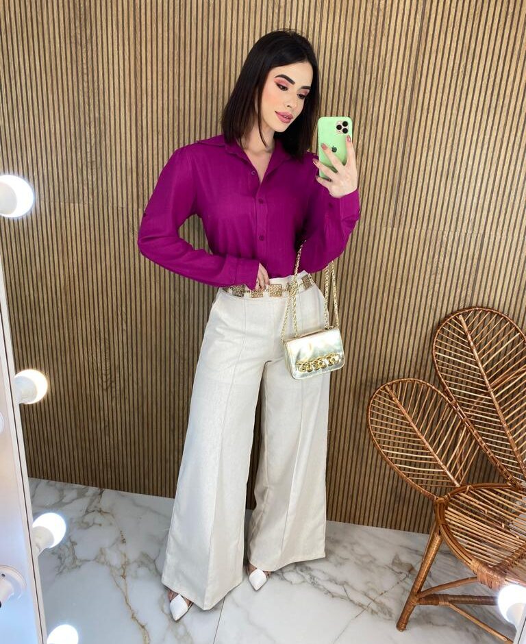 Camisa Feminina Manga Longa Viscolinho Jade Fúcsia - Fernanda Ramos Store