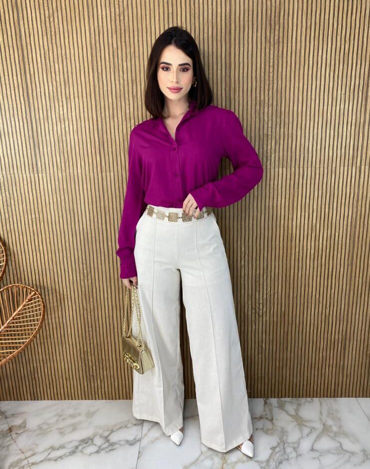 Camisa Feminina Manga Longa Viscolinho Jade Fúcsia - Fernanda Ramos Store