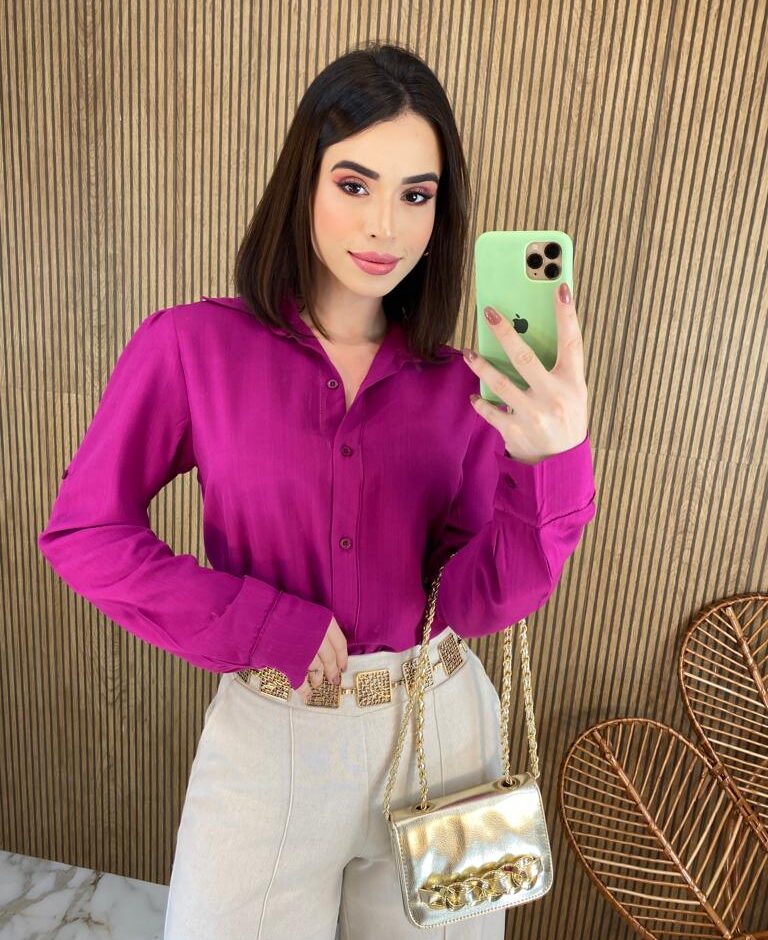 Camisa Feminina Manga Longa Viscolinho Jade Fúcsia - Fernanda Ramos Store