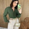 Camisa Feminina Manga Longa Viscolinho Jade Verde Militar - Fernanda Ramos Store