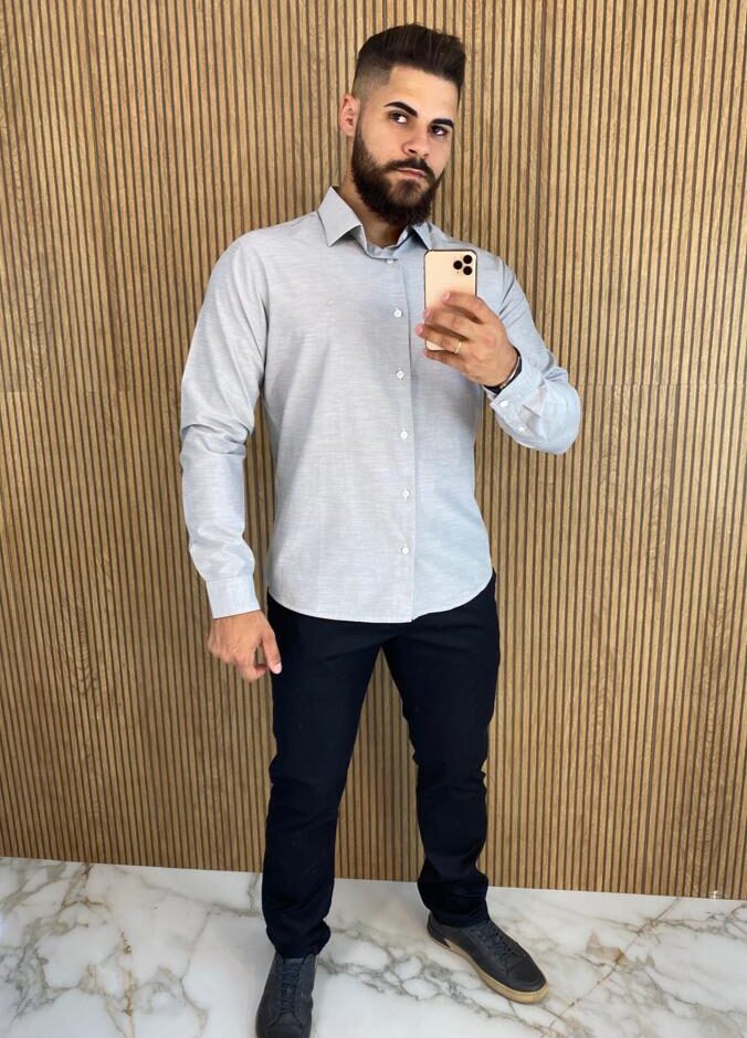 Camisa Manga Longa Masculina Slim Ogochi Cinza 0205 - Fernanda Ramos Store