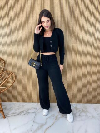 Conjunto Feminino Calça + Cropped + Casaquinho Tricot Preto - Fernanda Ramos Store