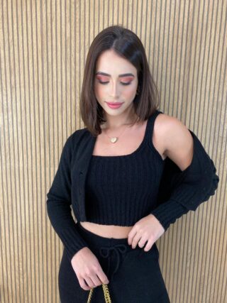 Conjunto Feminino Calça + Cropped + Casaquinho Tricot Preto - Fernanda Ramos Store