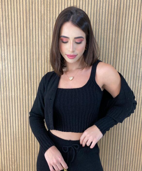 Conjunto Feminino Calça + Cropped + Casaquinho Tricot Preto - Fernanda Ramos Store