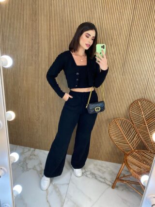 Conjunto Feminino Calça + Cropped + Casaquinho Tricot Preto - Fernanda Ramos Store