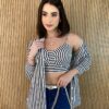 Conjunto Feminino Cropped com Bojo e Camisa Listras Preto - Fernanda Ramos Store