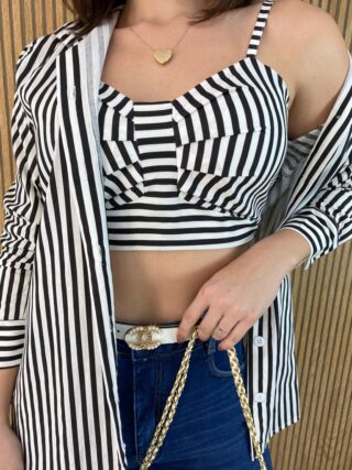 Conjunto Feminino Cropped com Bojo e Camisa Listras Preto - Fernanda Ramos Store