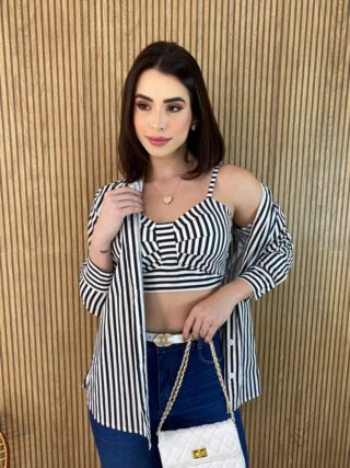 Conjunto Feminino Cropped com Bojo e Camisa Listras Preto - Fernanda Ramos Store