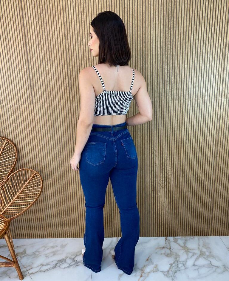 Conjunto Feminino Cropped com Bojo e Camisa Listras Preto - Fernanda Ramos Store