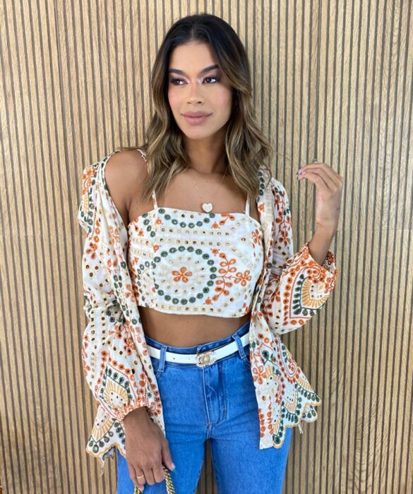 Conjunto Feminino Cropped sem Bojo e Camisa Laise Estampado - Fernanda Ramos Store