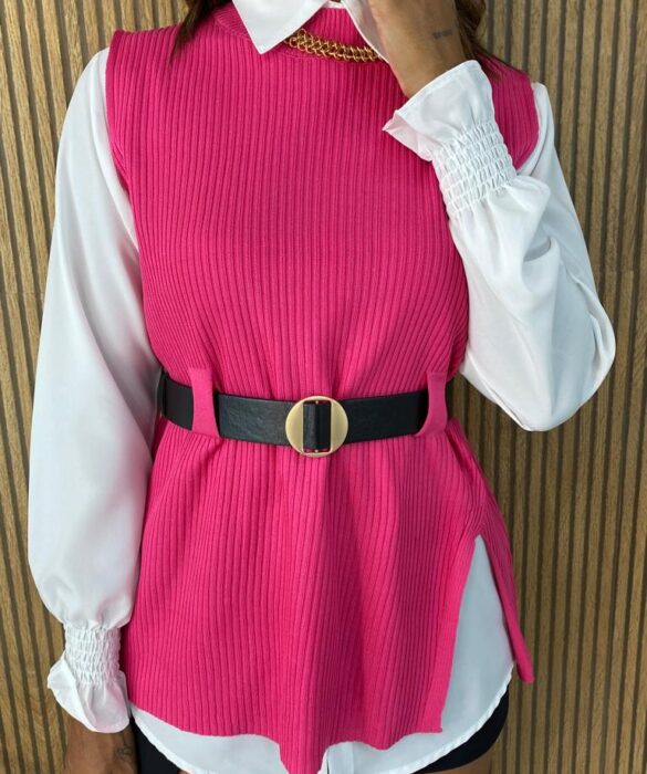 Conjunto Feminino Liz Camisa Branca Colete e Cinto Pink - Fernanda Ramos Store