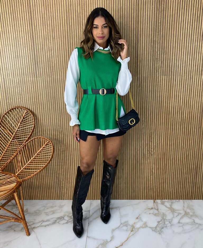 Conjunto Feminino Liz Camisa Branca Colete e Cinto Verde - Fernanda Ramos Store