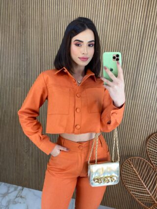 Conjunto Feminino Sarja Cropped Manga Longa e Calça Laranja - Fernanda Ramos Store