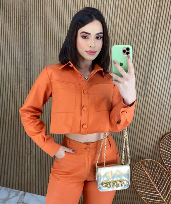 Conjunto Feminino Sarja Cropped Manga Longa e Calça Laranja - Fernanda Ramos Store