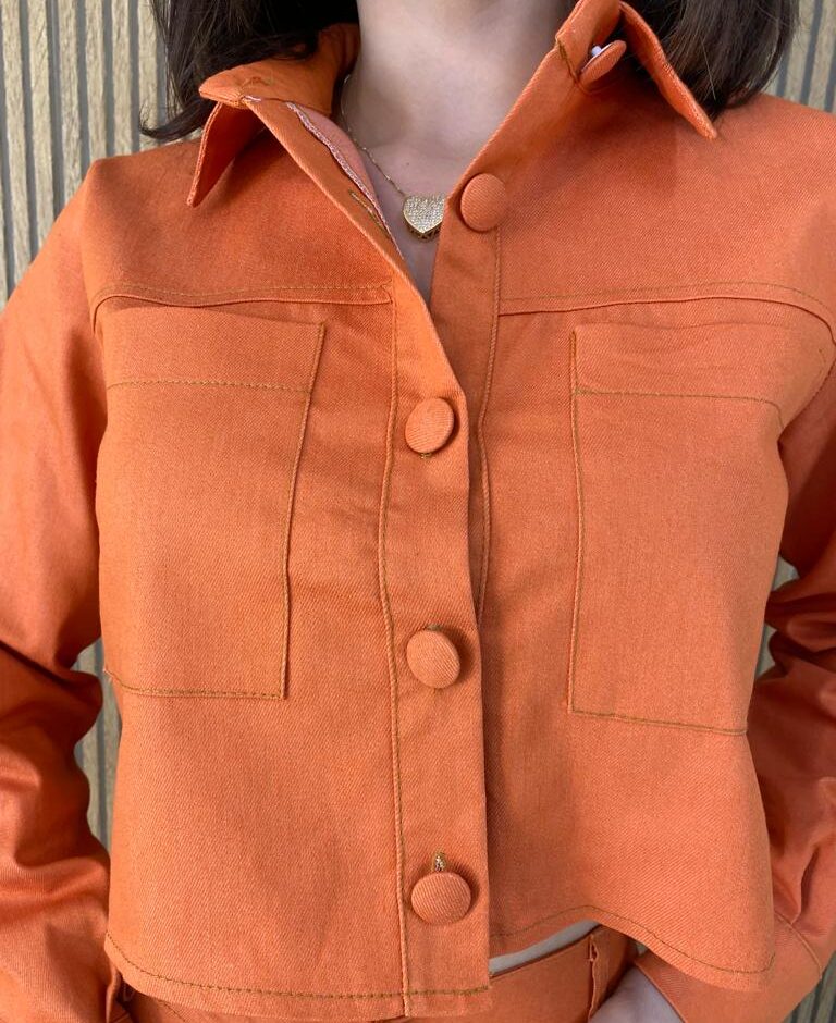 Conjunto Feminino Sarja Cropped Manga Longa e Calça Laranja - Fernanda Ramos Store