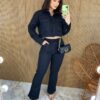 Conjunto Feminino Sarja Cropped Manga Longa e Calça Preto - Fernanda Ramos Store