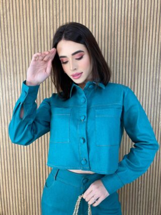 Conjunto Feminino Sarja Cropped Manga Longa e Calça Verde - Fernanda Ramos Store