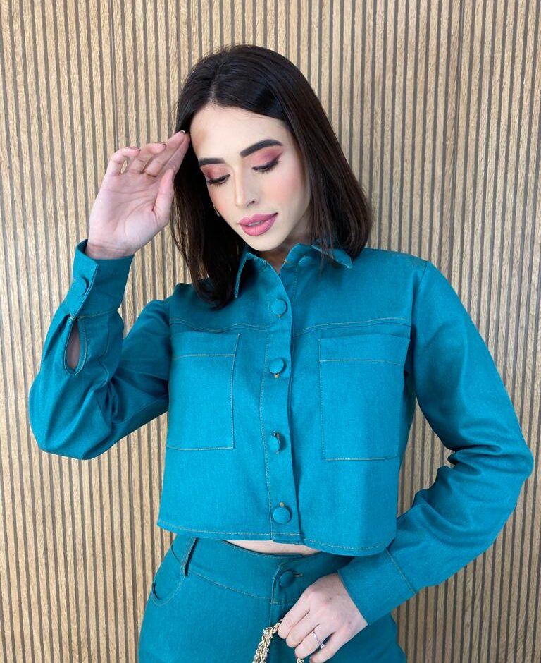 Conjunto Feminino Sarja Cropped Manga Longa e Calça Verde - Fernanda Ramos Store