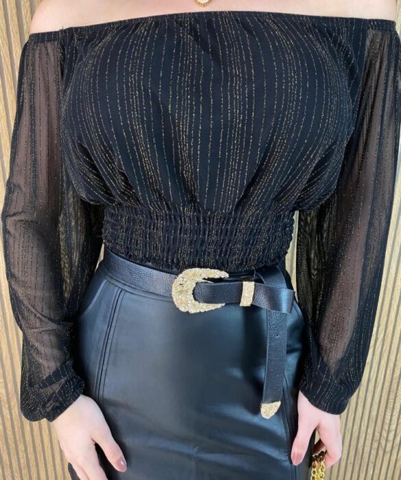 Cropped Feminino com Bojo Preto Detalhes Dourado - Fernanda Ramos Store