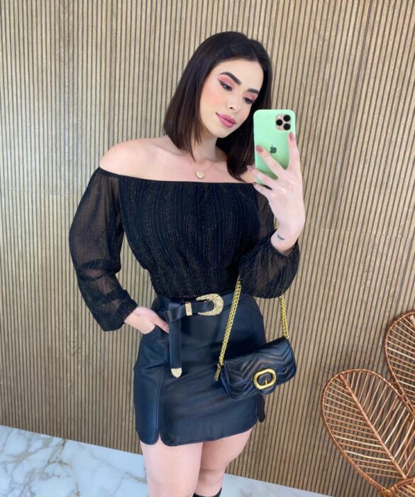 Cropped Feminino com Bojo Preto Detalhes Dourado - Fernanda Ramos Store