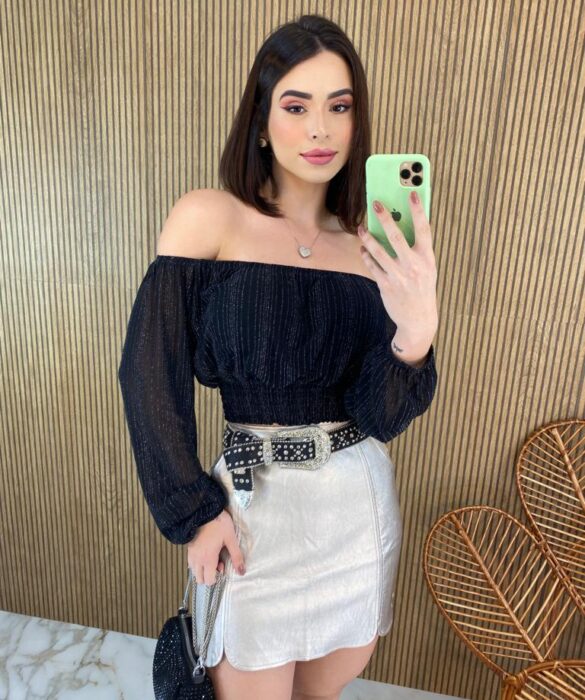 Cropped Feminino com Bojo Preto Detalhes Prata - Fernanda Ramos Store