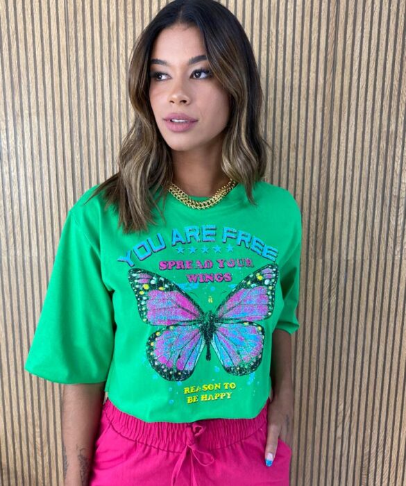 Cropped Feminino Manga Curta Estampado Borboleta Verde - Fernanda Ramos Store