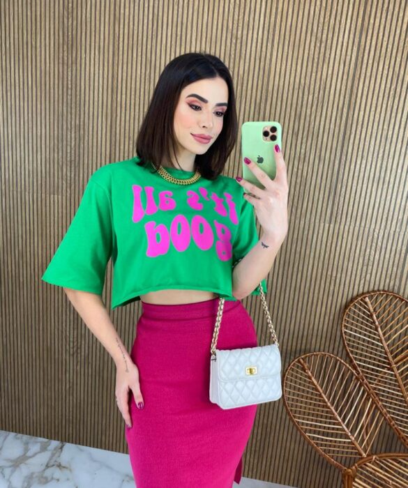 Cropped Feminino Manga Curta It's All Good Verde - Fernanda Ramos Store