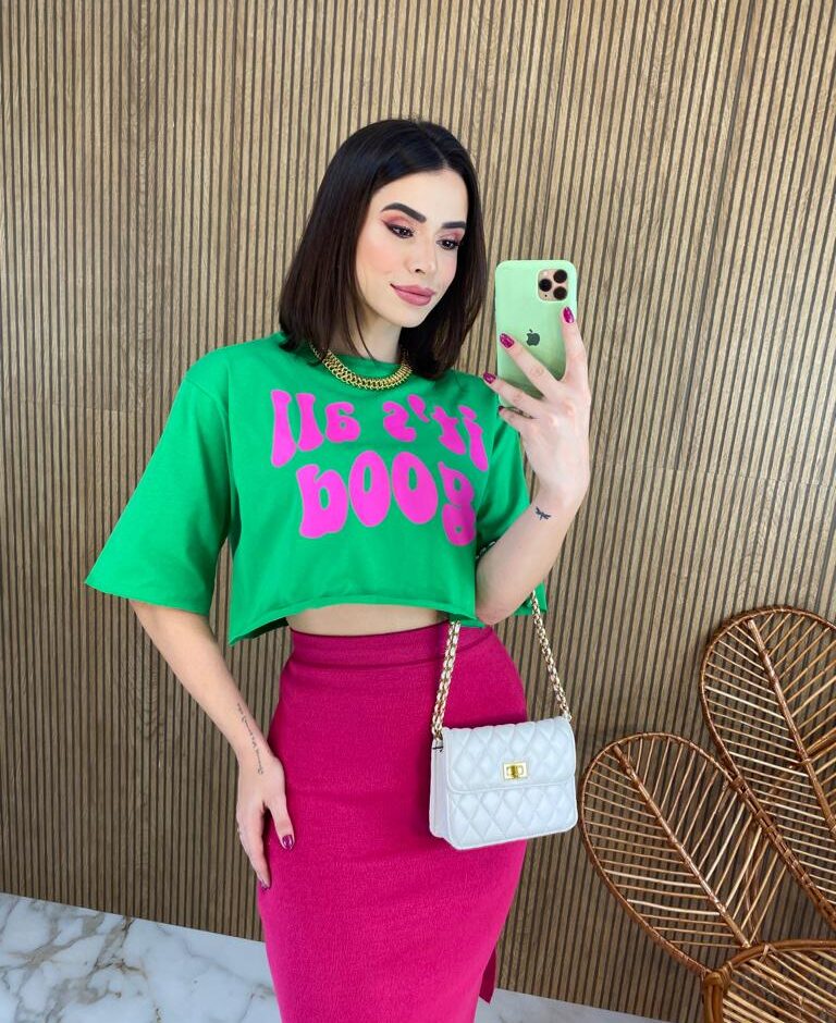Cropped Feminino Manga Curta It's All Good Verde - Fernanda Ramos Store