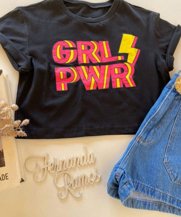 Cropped Feminino Manga Curta Preto Grl Pwr - Fernanda Ramos Store