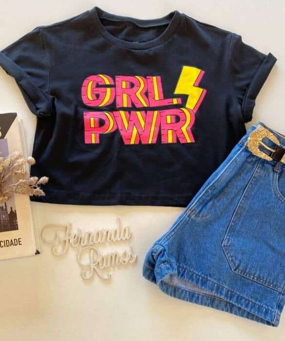 Cropped Feminino Manga Curta Preto Grl Pwr - Fernanda Ramos Store