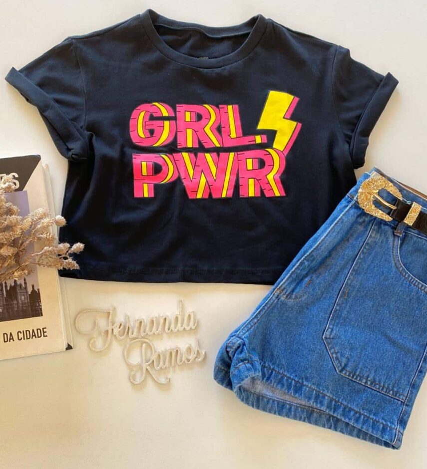 Cropped Feminino Manga Curta Preto Grl Pwr - Fernanda Ramos Store