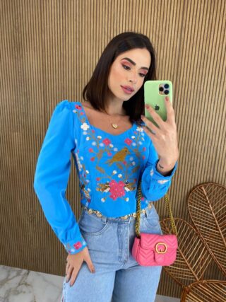 Cropped Feminino Manga Longa Bordado Azul - Fernanda Ramos Store