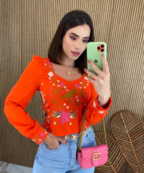 Cropped Feminino Manga Longa Bordado Laranja - Fernanda Ramos Store