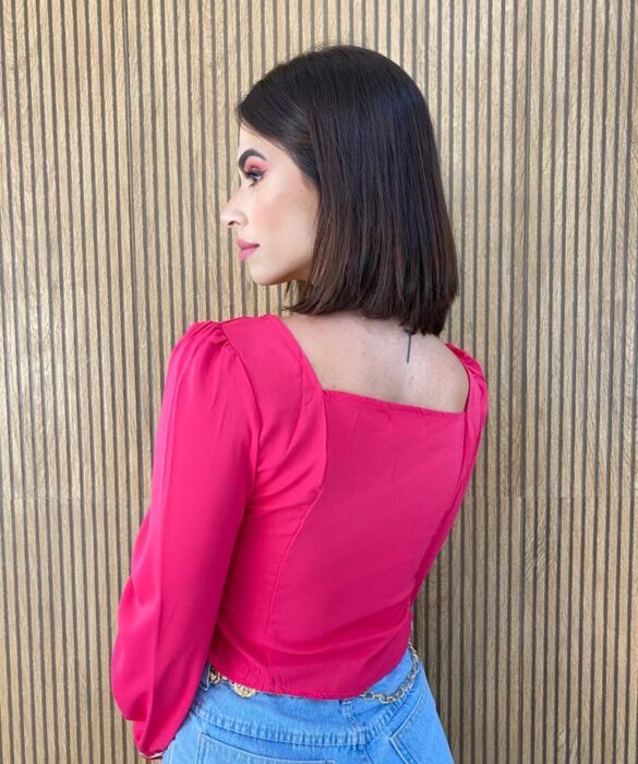 Cropped Feminino Manga Longa Bordado Pink - Fernanda Ramos Store