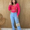 Cropped Feminino Manga Longa Bordado Pink - Fernanda Ramos Store