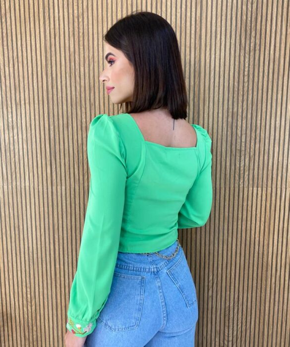 Cropped Feminino Manga Longa Bordado Verde - Fernanda Ramos Store