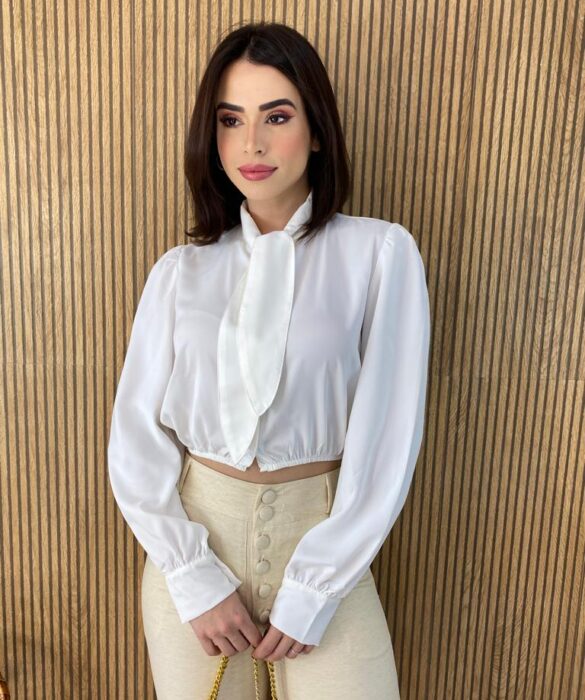 Cropped Feminino Manga Longa com Botões e Amarração Branco - Fernanda Ramos Store