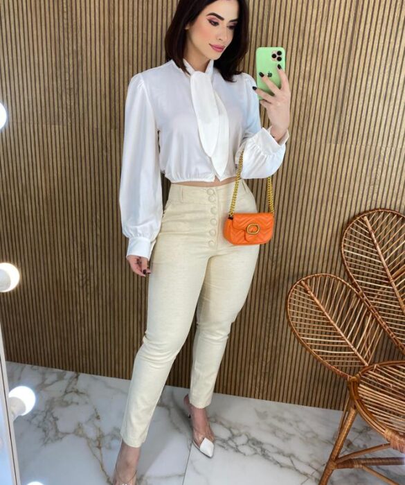 Cropped Feminino Manga Longa com Botões e Amarração Branco - Fernanda Ramos Store