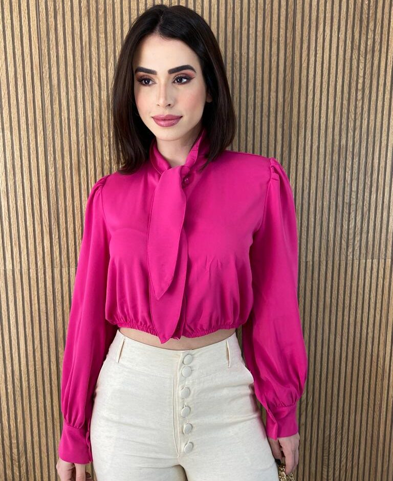 Cropped Feminino Manga Longa com Botões e Amarração Pink - Fernanda Ramos Store