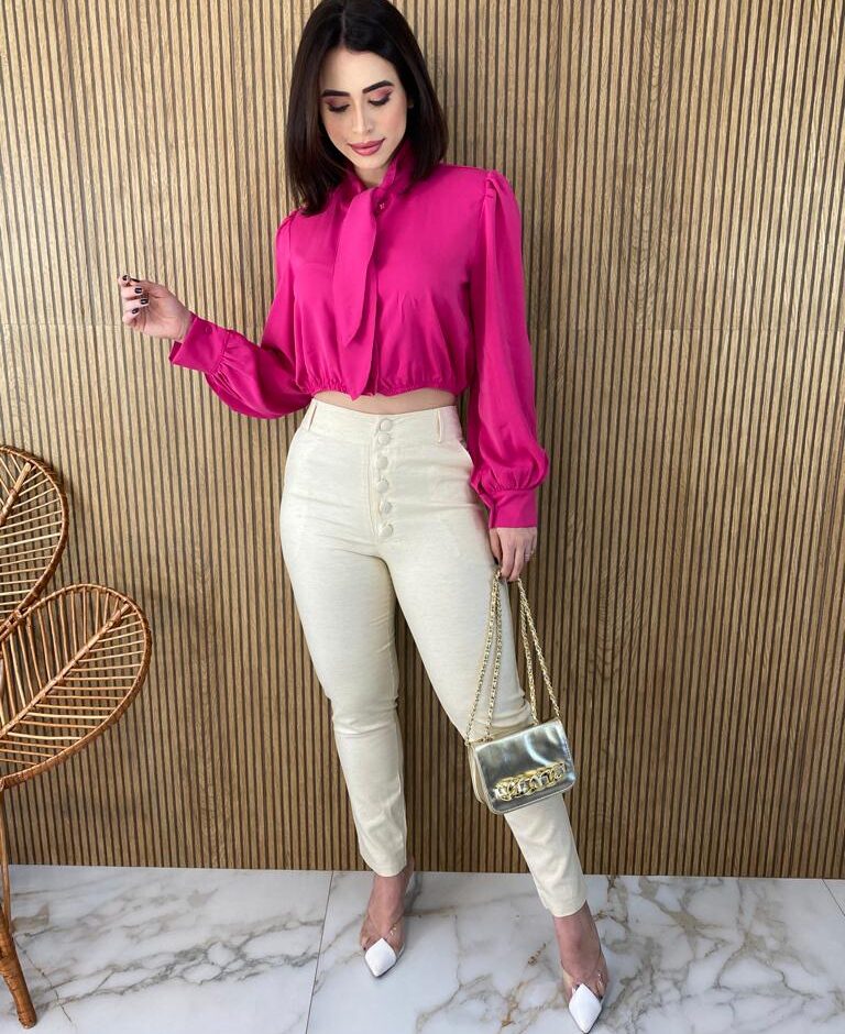 Cropped Feminino Manga Longa com Botões e Amarração Pink - Fernanda Ramos Store