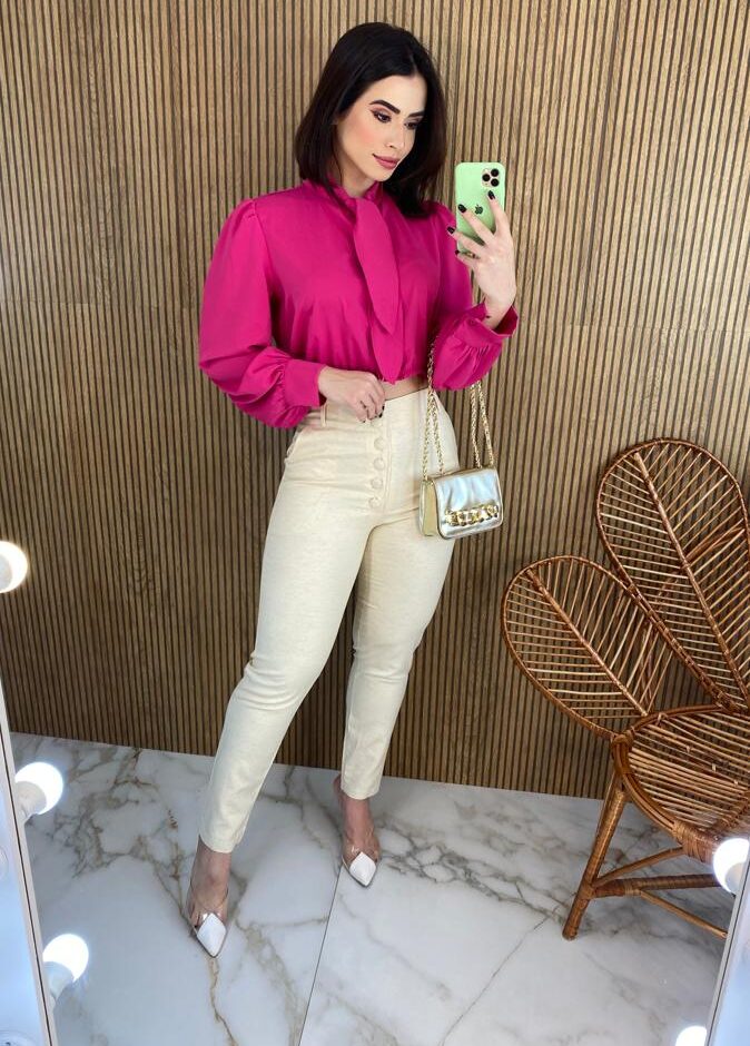 Cropped Feminino Manga Longa com Botões e Amarração Pink - Fernanda Ramos Store